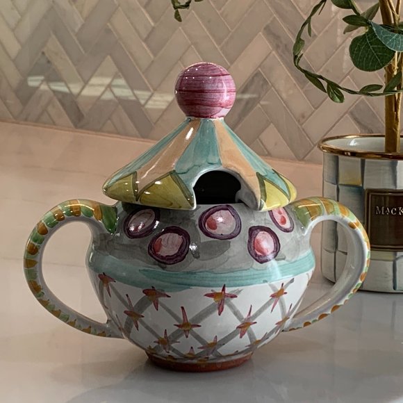 MacKenzie-Childs Taylor Ceramics โOdd Fellowsโ Lidded Sugar Bowl โ Hand-crafted - Picture 8 of 14